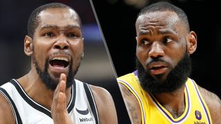 Kevin Durant (L) will not play, but he will captain his team against LeBron James (R) in this year's NBA All-Star Game live stream