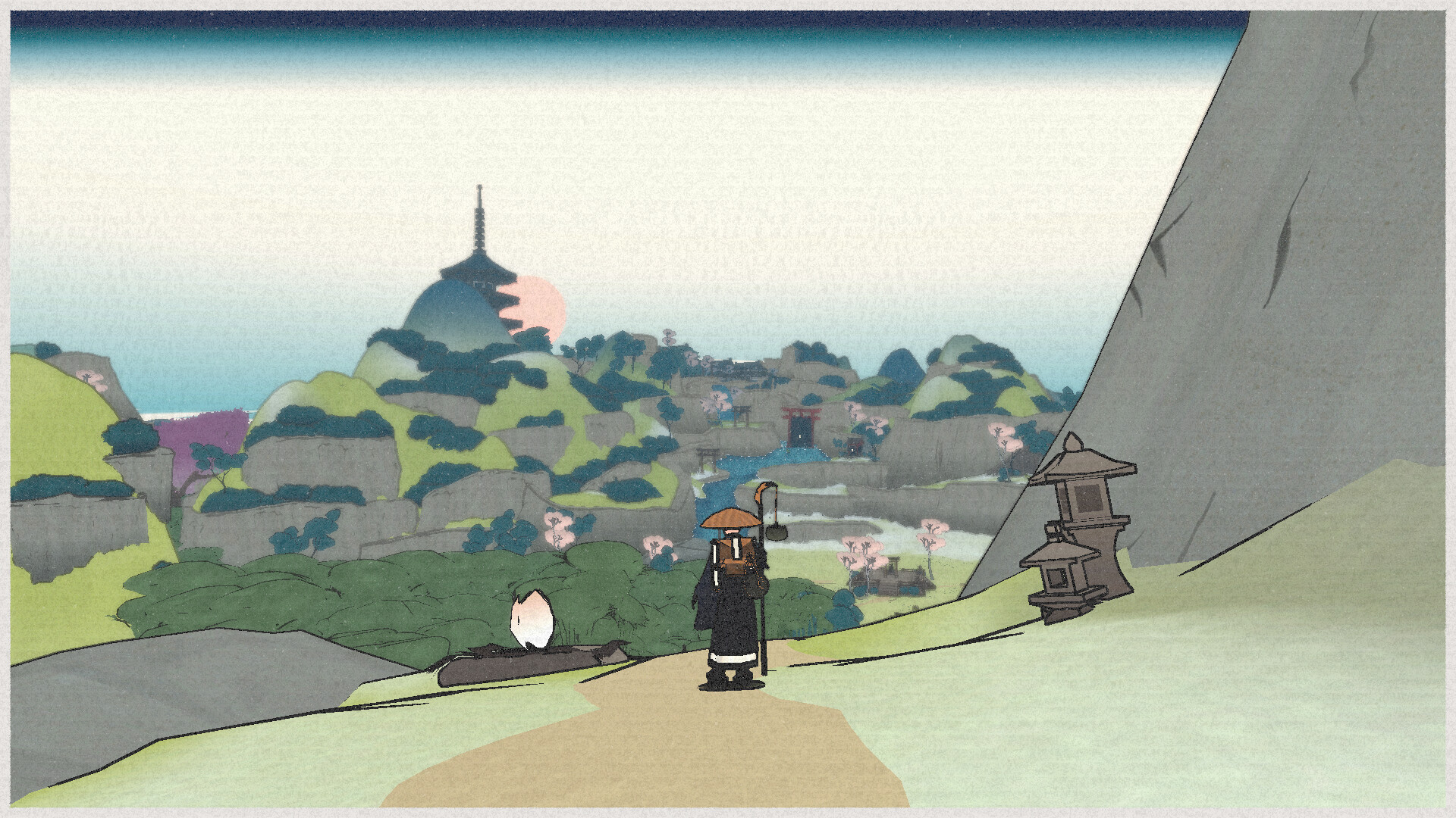 a wandering poet overlooks a scenic japanese town