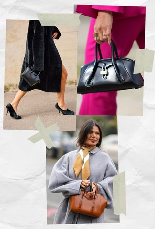 a collage of women wearing the Givenchy Antigona Bag