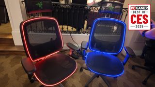 Two Razer Project Arielle chairs lit up in red and blue, with a PC Gamer Best of CES 2025 logo in the top right.