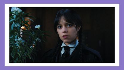 Jenna Ortega as Wednesday Addams in episode 108 of Wednesday/ in a purple background
