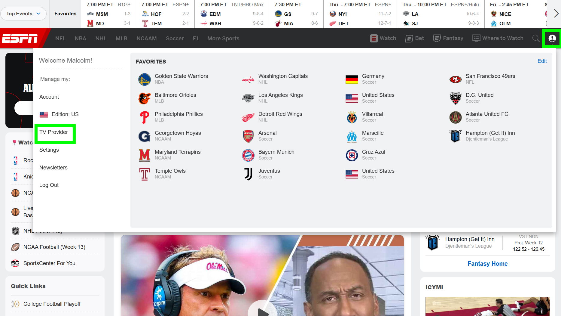 How to add YouTube TV to ESPN Unlimited: Selecting TV Provider from the ESPN account settings.