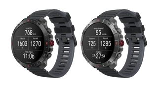 Two Polar Grit X2 Pro watches on white background. The screens show a series of stats, including vertical speed and VAM 30sec