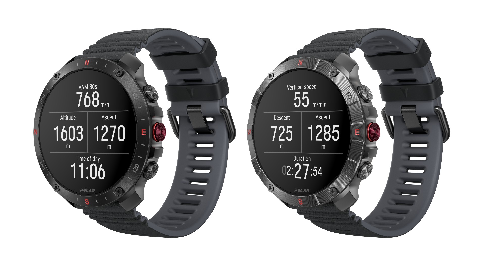Two Polar Grit X2 Pro watches on white background. The screens show a series of stats, including vertical speed and VAM 30sec