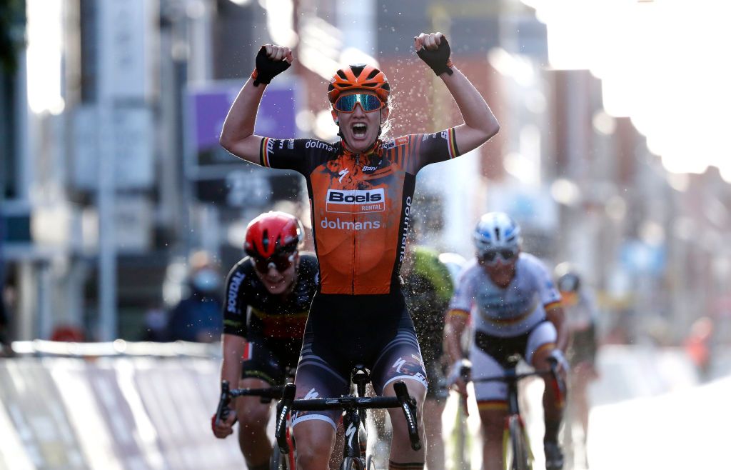 WEVELGEM BELGIUM OCTOBER 11 Arrival Jolien Dhoore of Belgium and Boels Dolmans Cycling Team Lotte Kopecky of Belgium and Team Lotto Soudal Ladies Lisa Brennauer of Germany and Ceratizit WNT Pro Cycling Team during the 9th GentWevelgem In Flanders Fields 2020 Women Elite a 1414km race from Ieper to Wevelgem GentWevelgem FlandersClassic on October 11 2020 in Wevelgem Belgium Photo by Bas CzerwinskiGetty Images