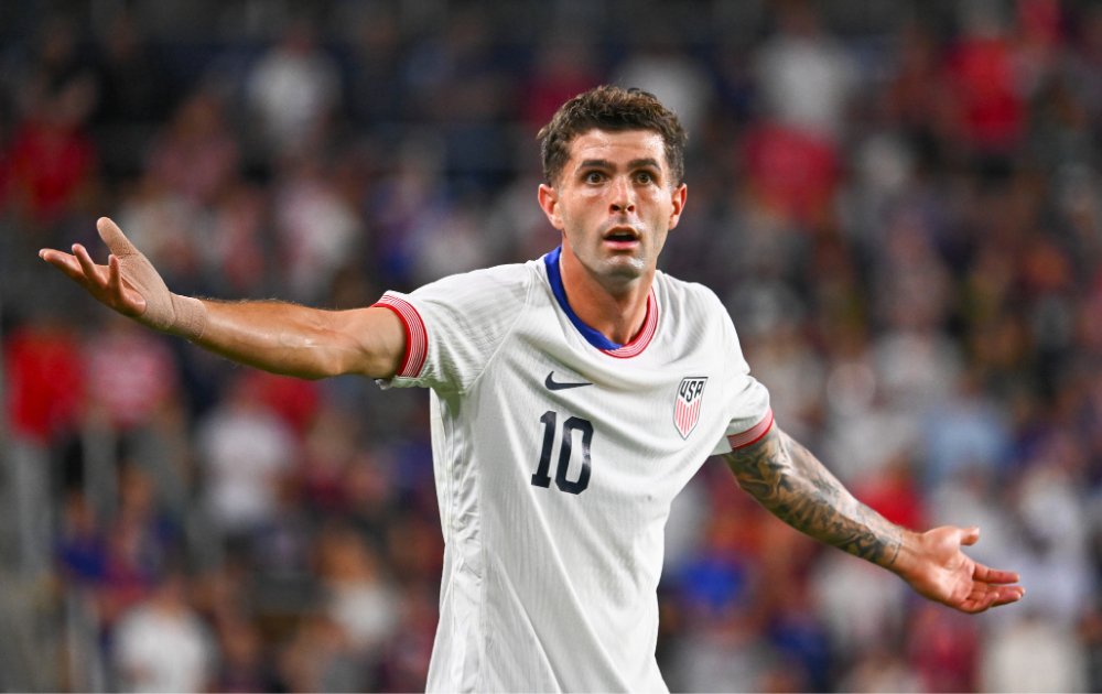 Christian Pulisic #10 of the United States reacts during the first half against Japan during an International Friendly at Lower.com Field on September 09, 2025 in Columbus, Ohio.
