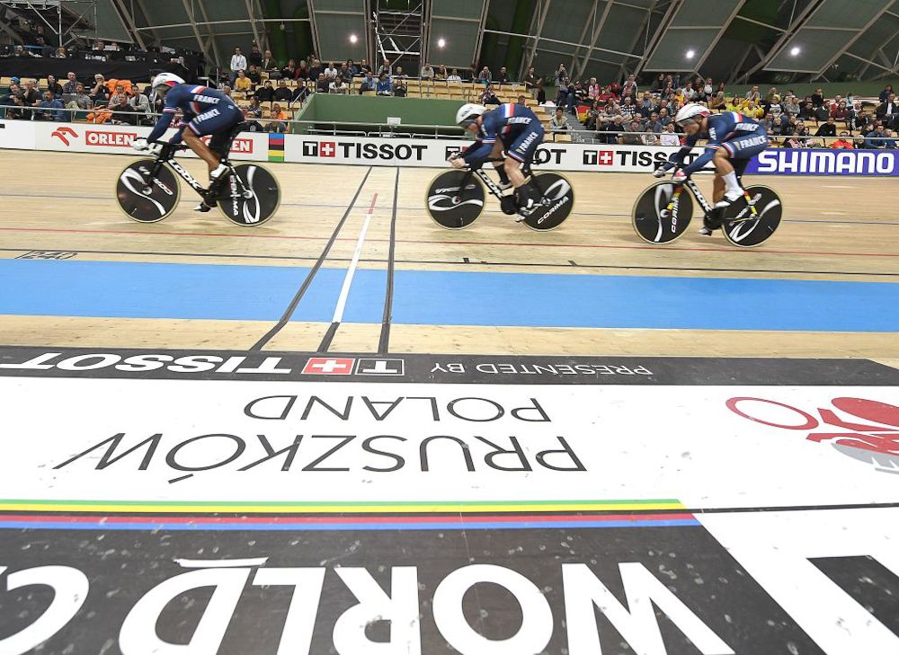 France's team competes during the team sprint competition of the UCI Track Cycling World Championships