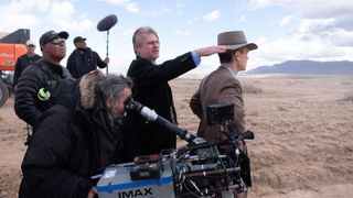 Christopher Nolan directing a scene for Oppenheimer