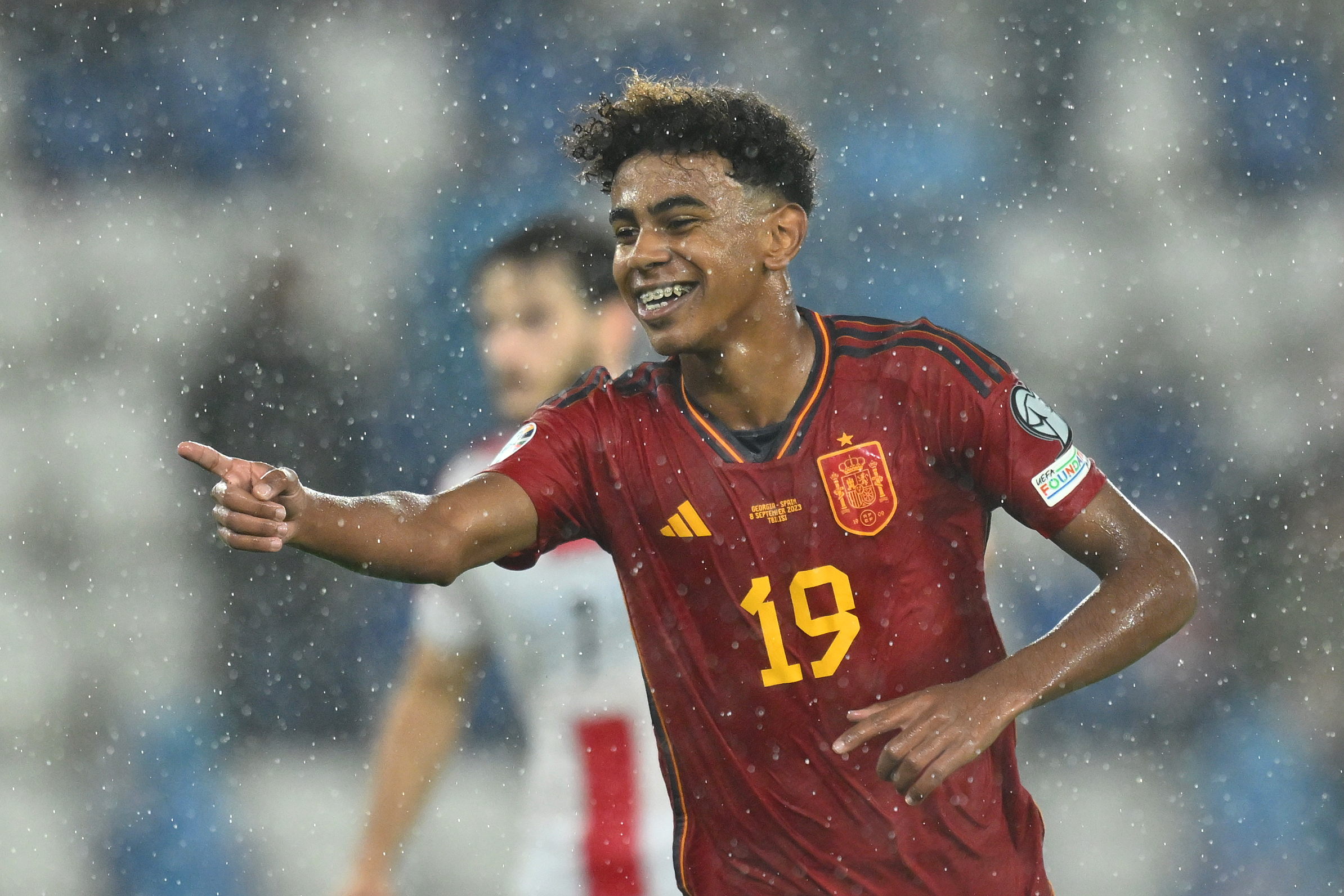 Lamine Yamal celebrates after scoring for Spain against Georgia on his international debut in September 2023.