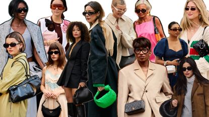 a collage of street style images with women carrying designer handbags from luxury resale sites
