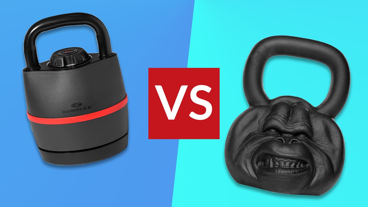 Adjustable kettlebell vs cast iron kettlebell: Pictured here, two kettlebells against blue background 