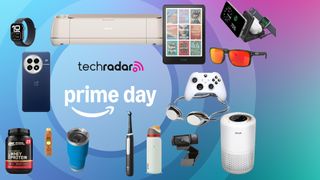 Prime Day sales banner with numerous products including Apple Watch 10, OnePlus 13 phone, Cricut Maker 4 machine, glasses and swim goggles, chargers, toothbrush, webcam, and more