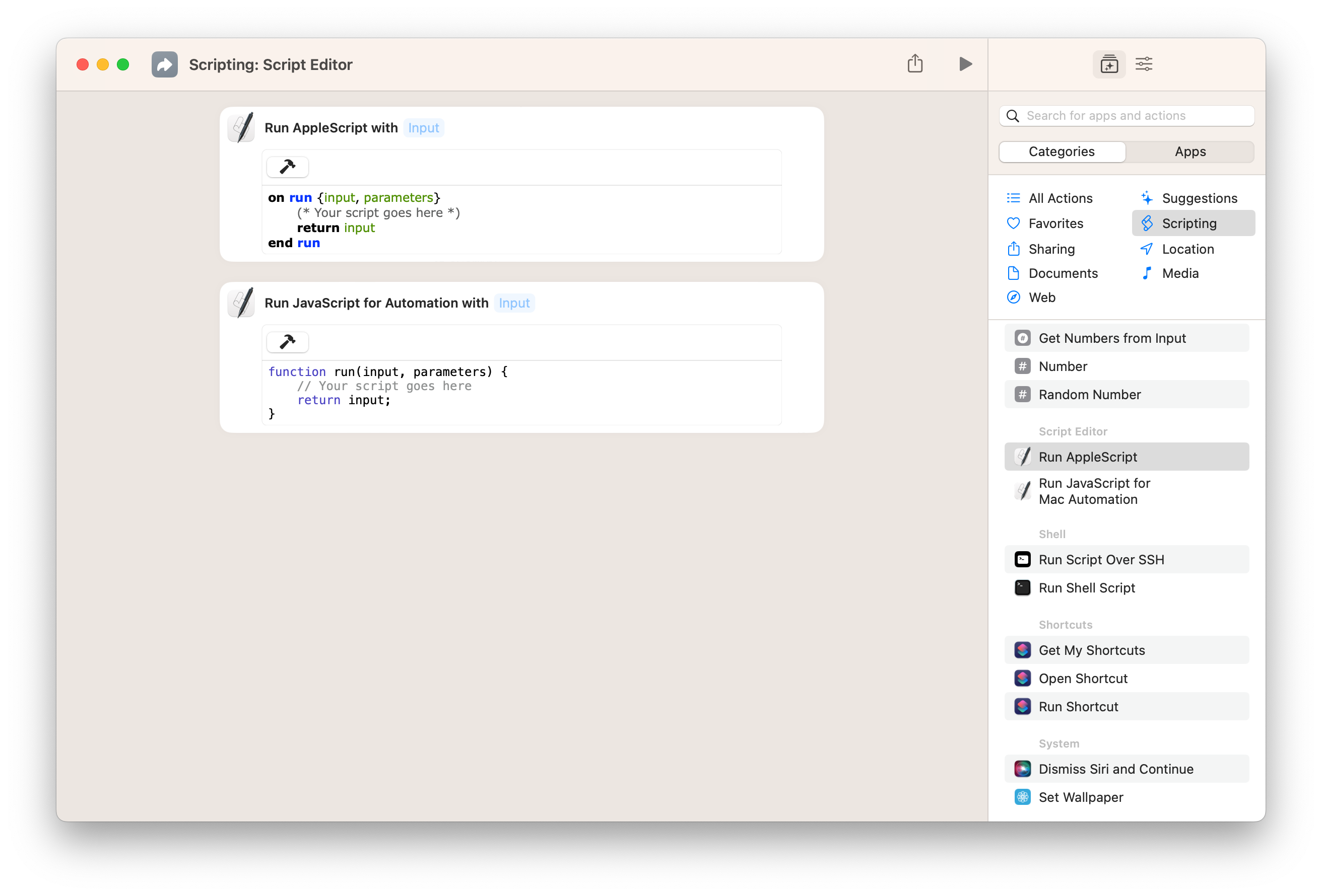 Screenshot der Aktionen „AppleScript ausführen“ und „JavaScript ausführen für Automatisierung“ in „Kurzbefehle für Mac“.