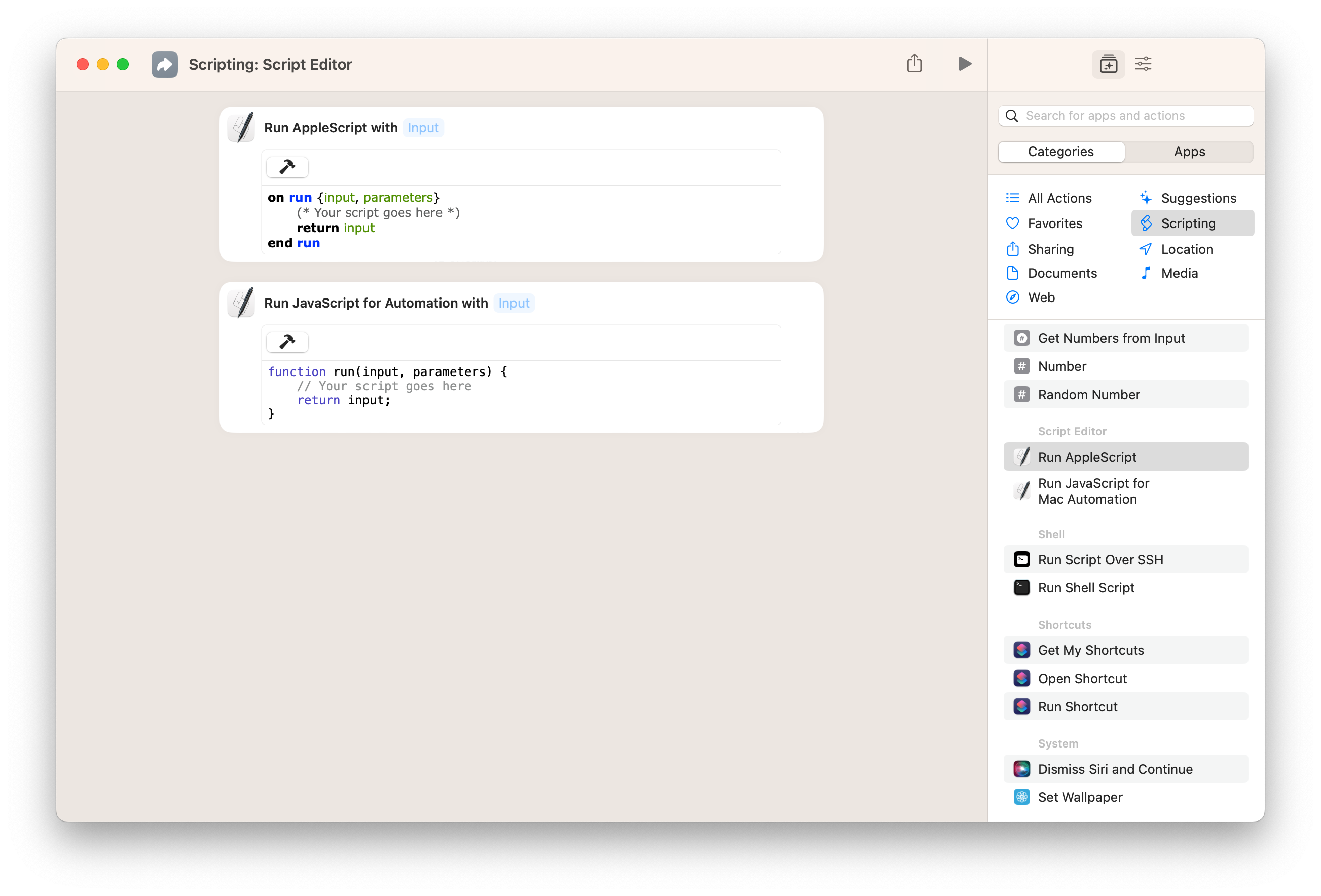 Screenshot of the Run AppleScript and Run JavaScript for Automation actions in Shortcuts for Mac.