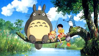 Cartoon creatures, a girl and a boy sit on a tree branch fishing