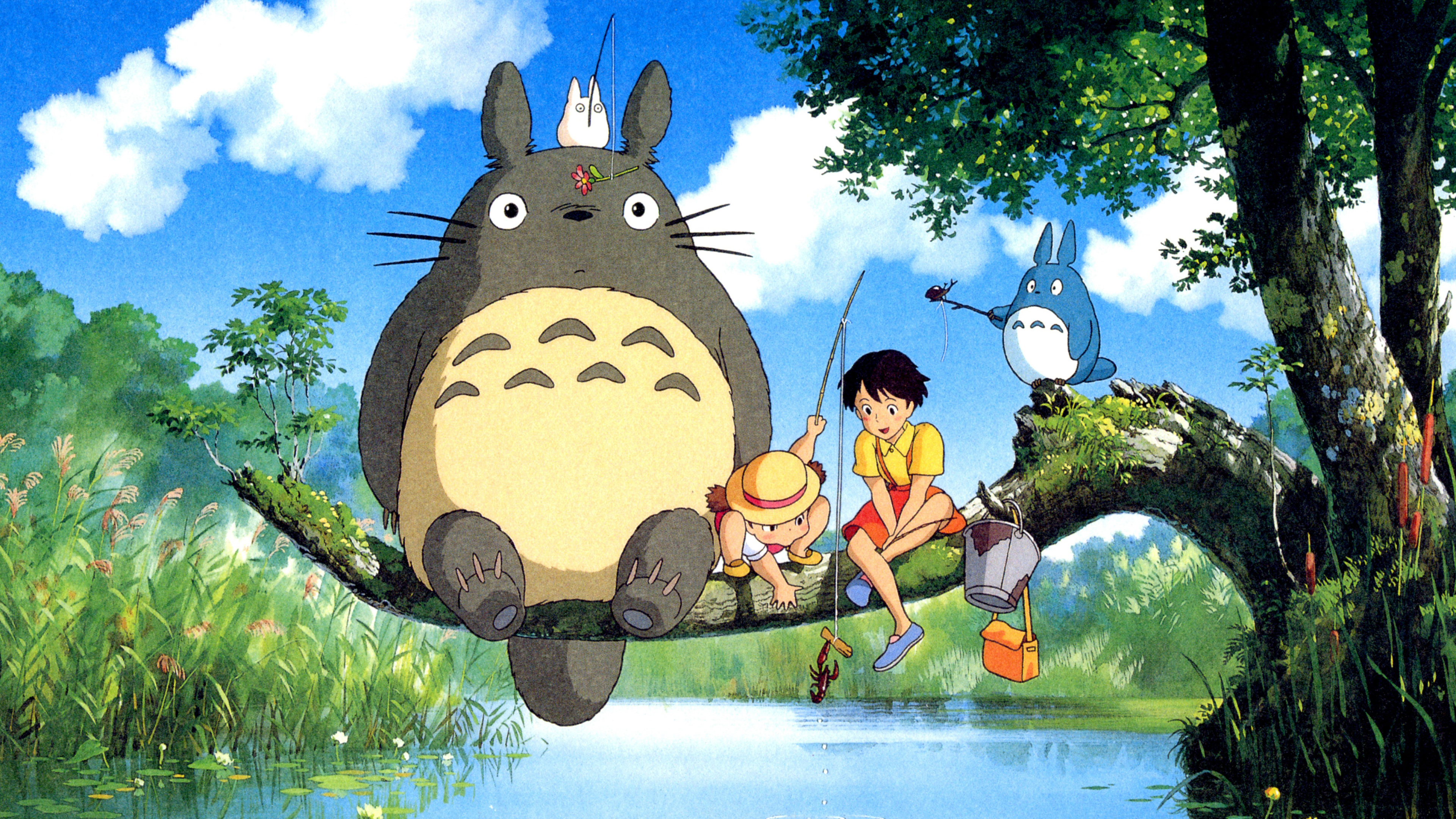 Cartoon creatures, a girl and a boy sit on a tree branch fishing
