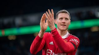 Wout Weghorst of Manchester United applauds the fans at full-time of the Premier League match between Leeds United and Manchester United at Elland Road on 12 February, 2023 in Leeds, United Kingdom.