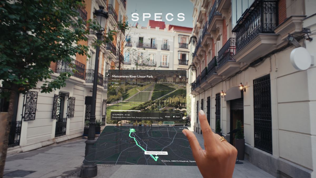 The Snap Specs displaying a set of navigational instructions on its glasses display for the user.