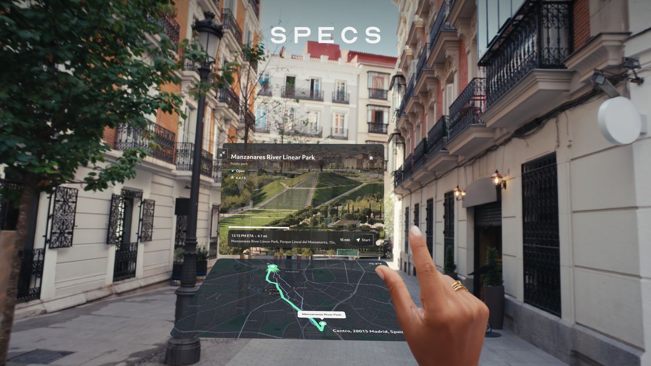 The Snap Specs displaying a set of navigational instructions on its glasses display for the user.