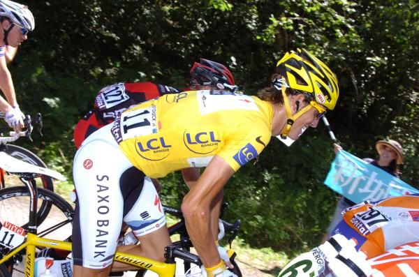 Andy Schleck (Saxo Bank) in the yellow jersey on the road to Bagneres de Luchon