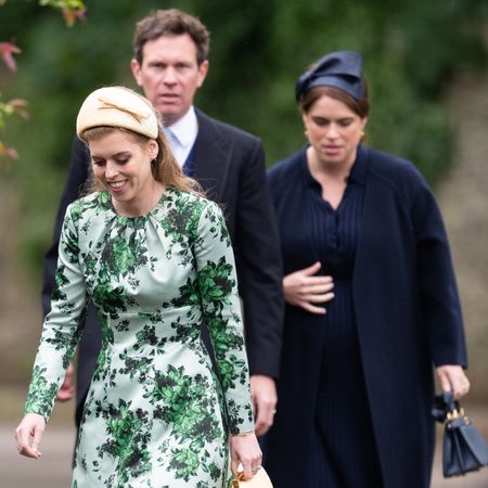 Princess Beatrice, Jack Brooksbank and Princess Eugenie walking to Peter Phillips and Harriet Sperling's wedding