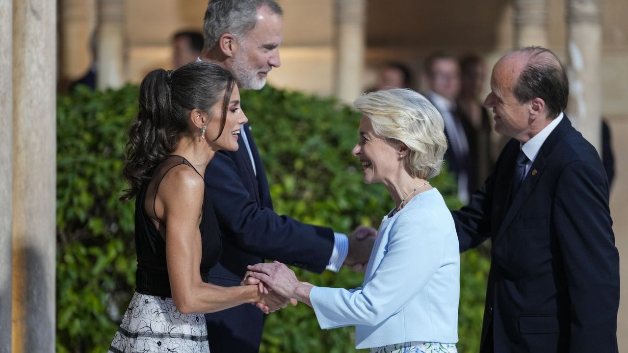 Queen Letizia&#039;s black and white tiered gown from Carolina Herrera was the perfect sheer look at the European Political Community Summit