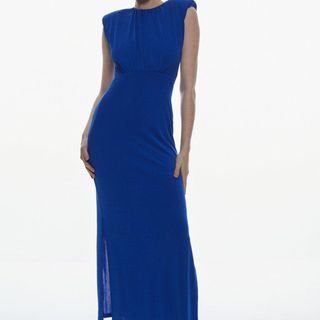 Jersey Crepe Sleeveless Strong Shoulder Midaxi Dress in Cobalt