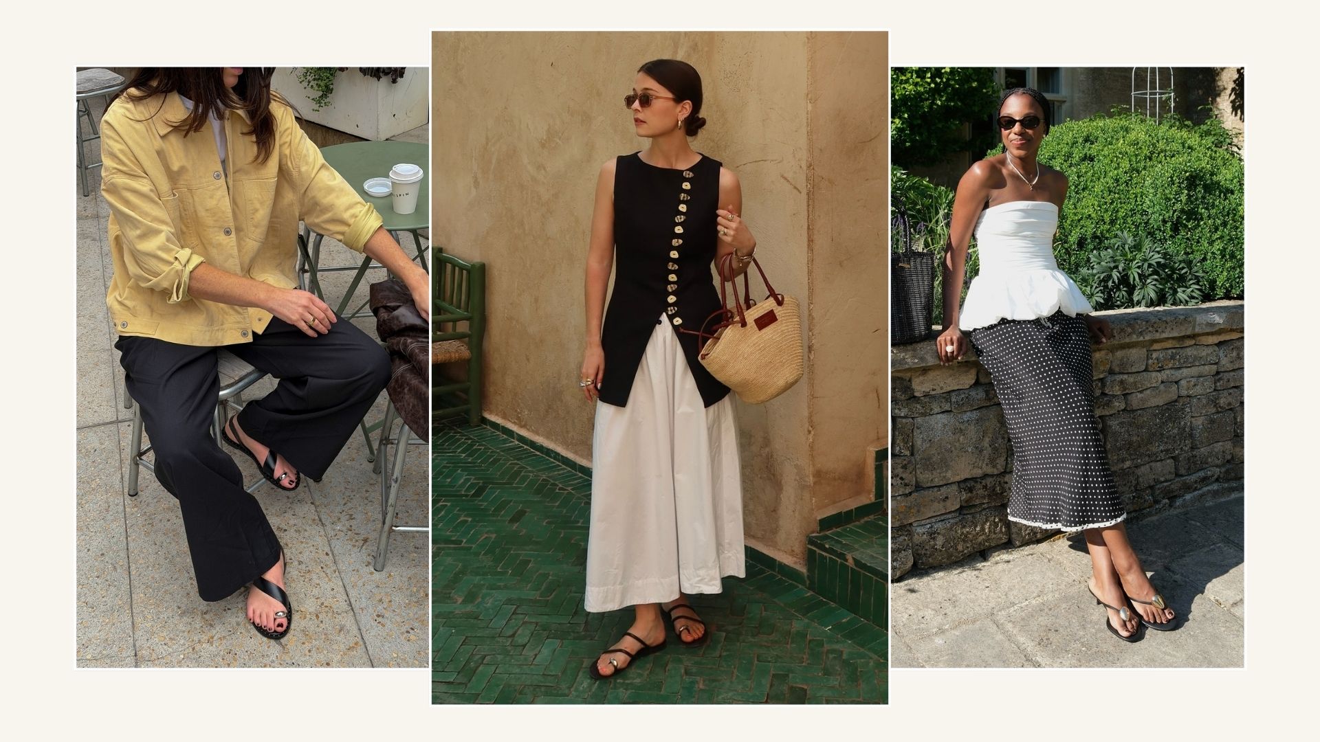 Three women wearing metal embellished sandals 