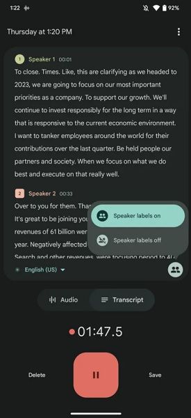 Enabling speaker labels through the Recorder app's transcription screen.