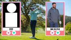 Baz Plummer hitting a tee shot on his own, flanked by two inset images of golf 'dating' profiles, including Baz's profile, for a matchmaking service that helps golfers to find playing partners 