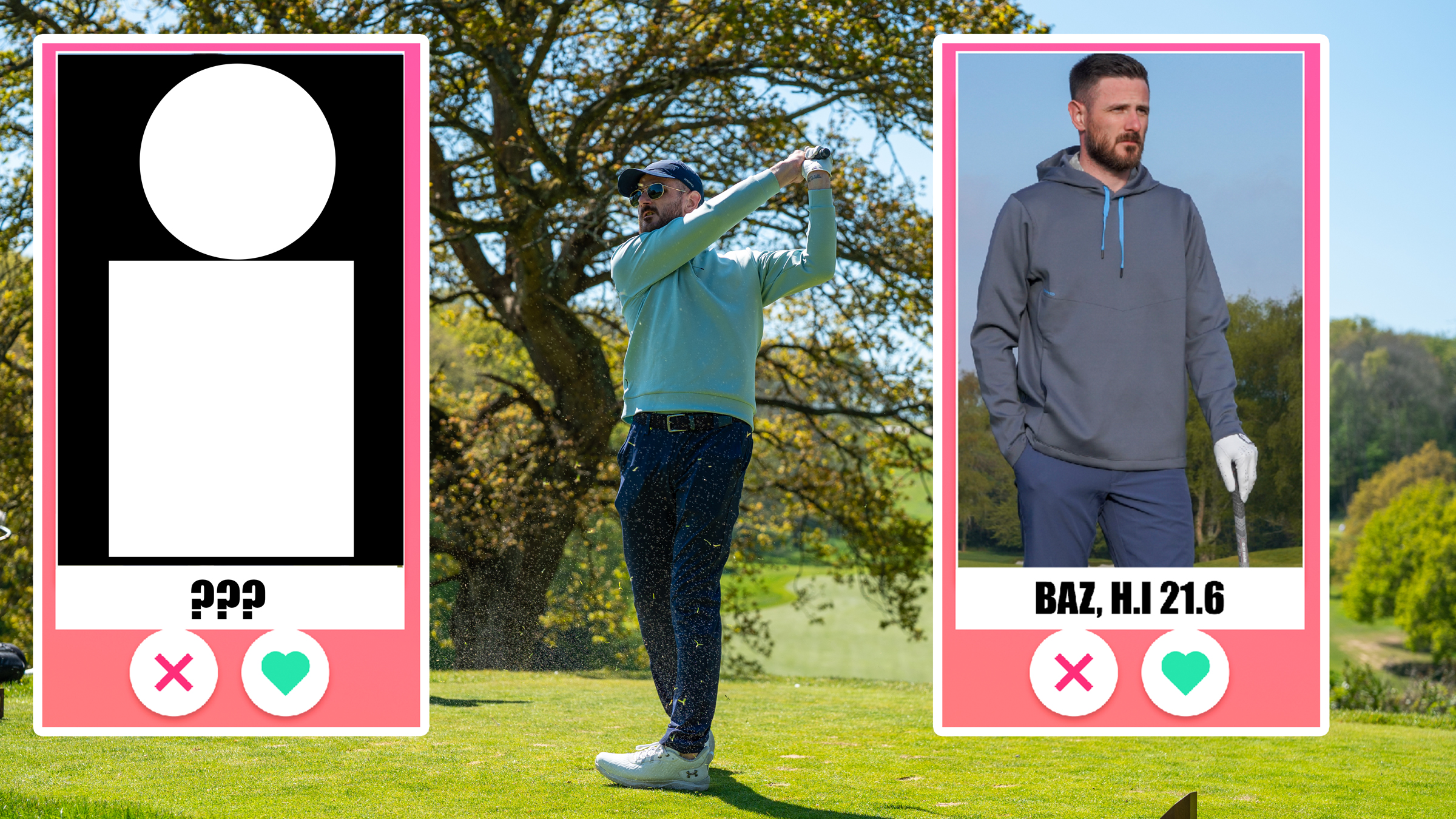 Baz Plummer hitting a tee shot on his own, flanked by two inset images of golf 'dating' profiles, including Baz's profile, for a matchmaking service that helps golfers to find playing partners 