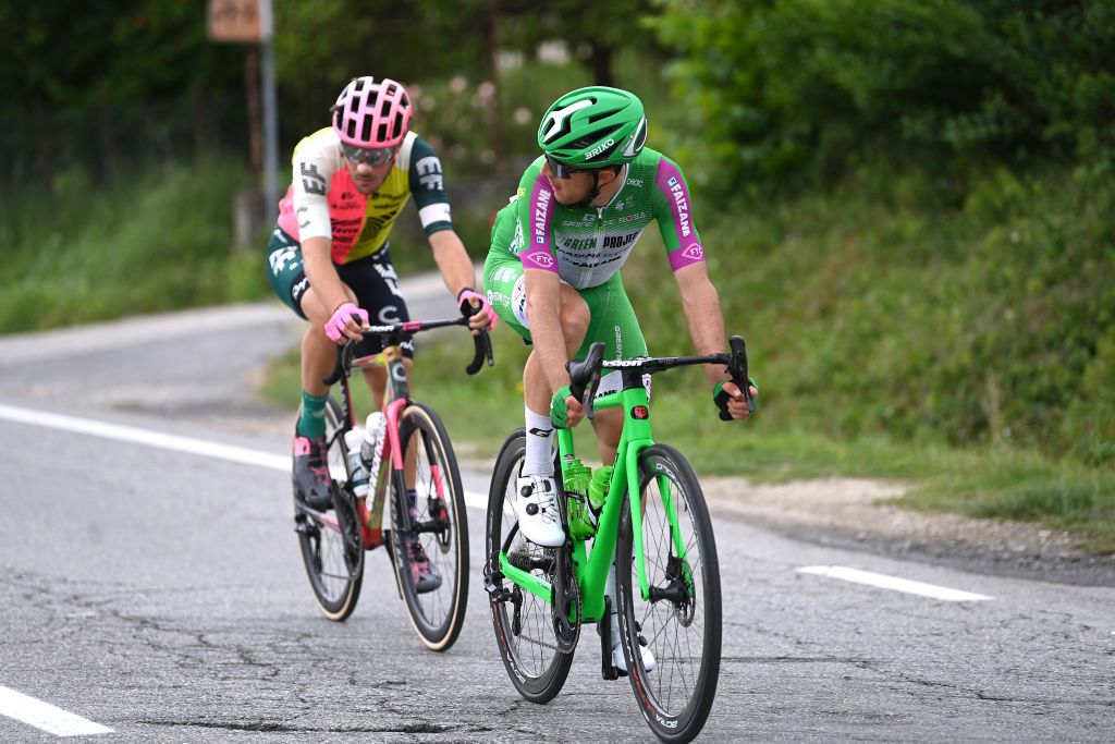 RIVOLI ITALY MAY 18 Alessandro Tonelli of Italy and Team Green ProjectBardiani CSFFaizan competes in the breakaway during the 106th Giro dItalia 2023 Stage 12 a 185km stage from Bra to Rivoli UCIWT on May 18 2023 in Rivoli Italy Photo by Tim de WaeleGetty Images