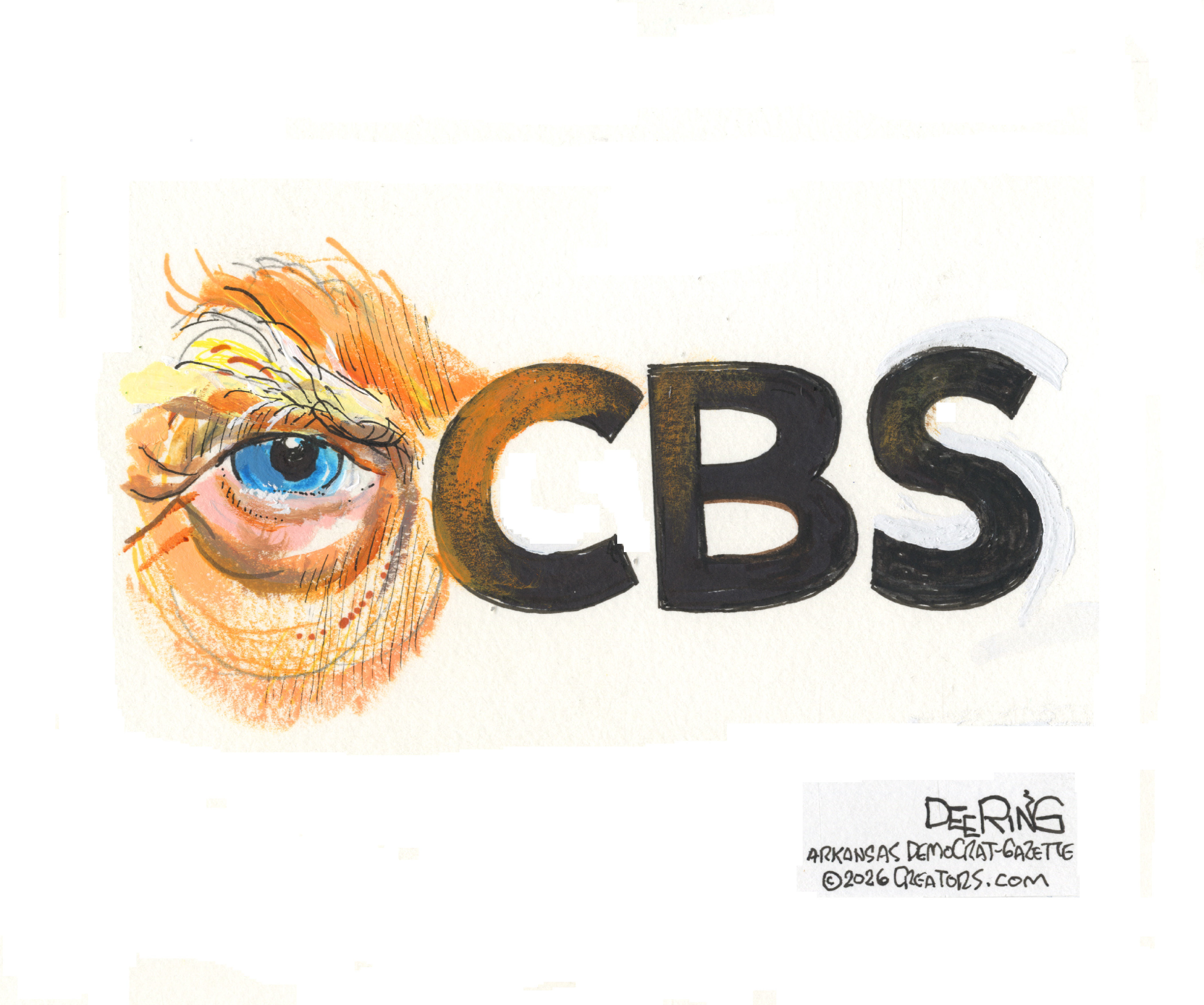 This cartoon is a parody of the CBS logo that resembles an eye. In this version, Donald Trump&amp;rsquo;s angry looking eye is to the left of the letters CBS.