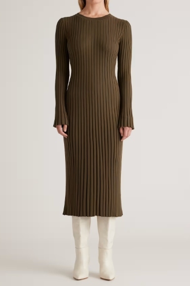 Quince, Cotton Cashmere Ribbed Long Sleeve Crew Midi Dress in Olive