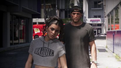 Lucia and Jason stand together in the street, from the GTA 6 extended look