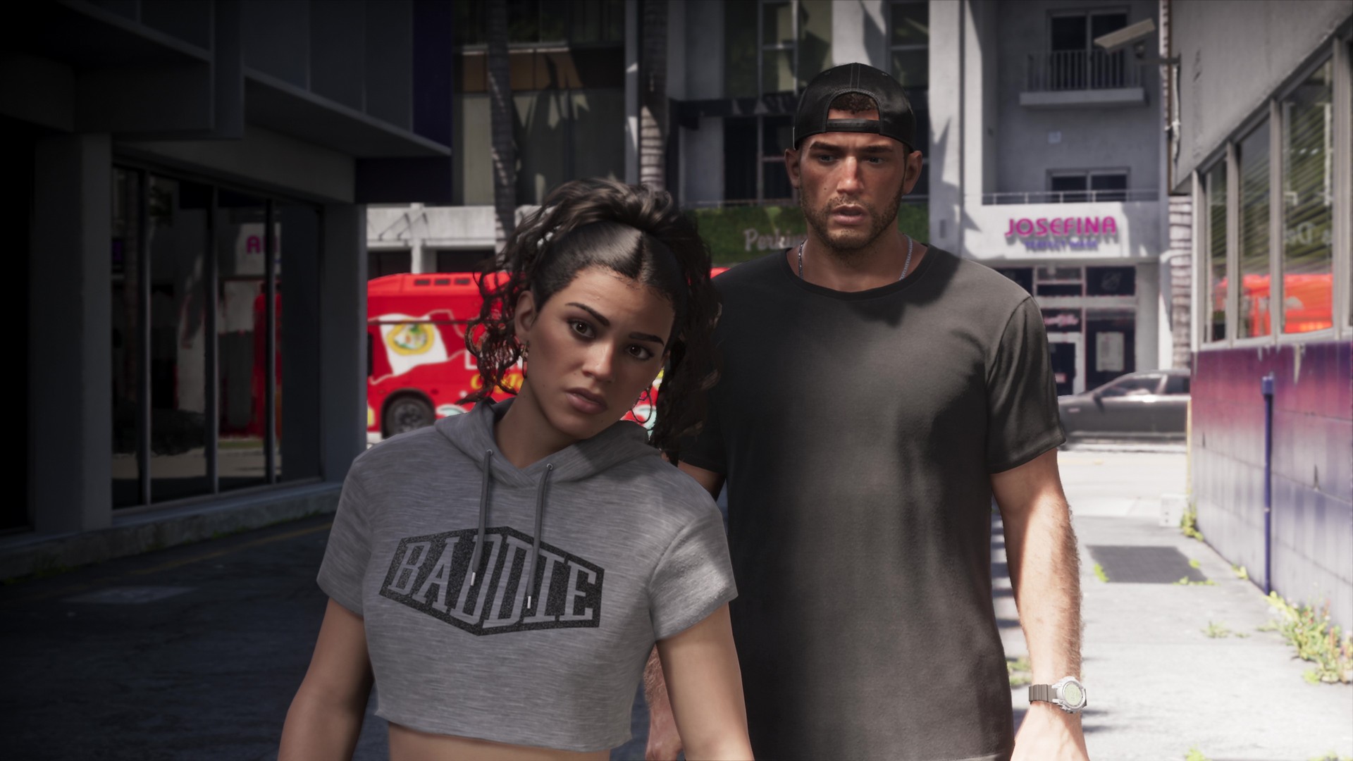 Lucia and Jason stand together in the street, from the GTA 6 extended look