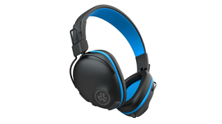 Blue and black JLab headphones on a white background.