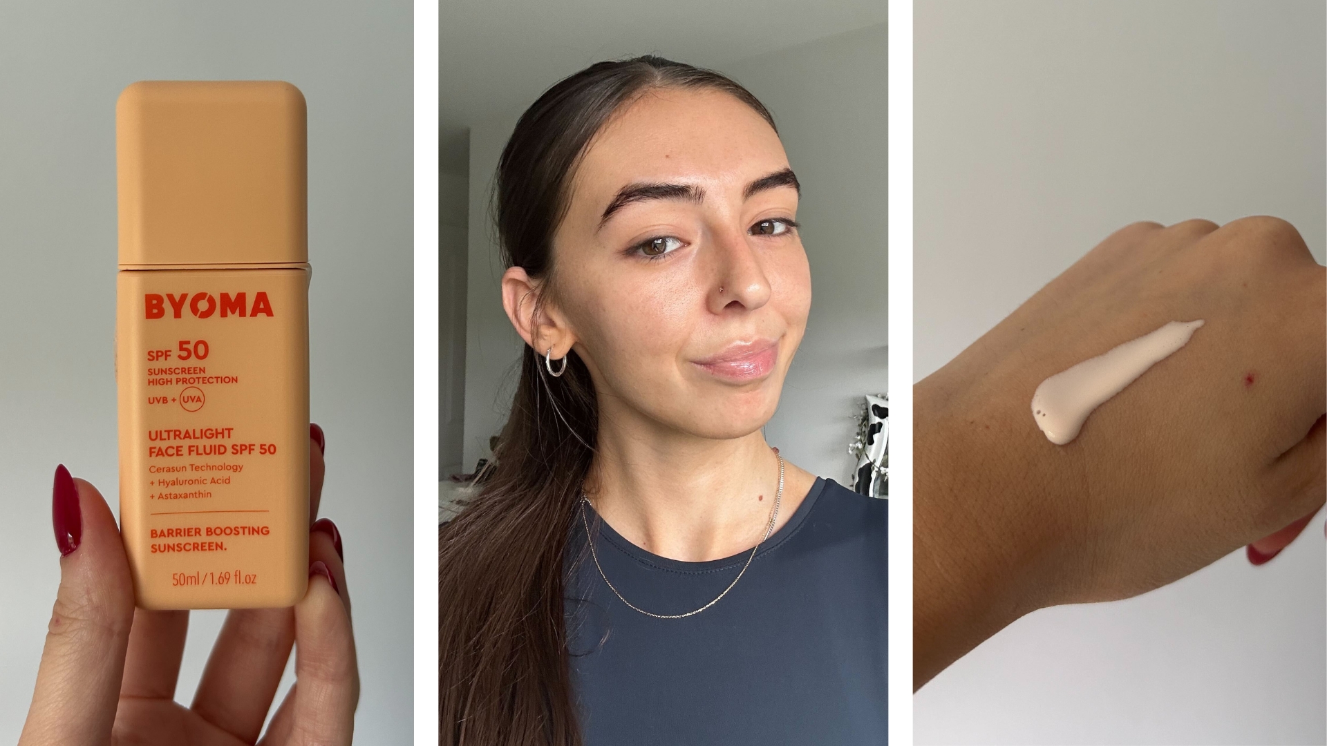 Collage of hand holding Byoma Ultralight Face Fluid SPF50, photo of Digital Beauty Writer Sennen wearing the SPF and a swatch of the SPF on the back of a hand