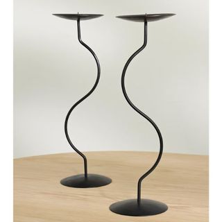 Two sculptural tall candlesticks, black metal