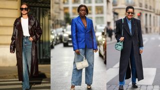 three street style images of women wearing jeans