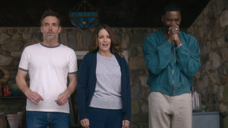 Will Forte, Tina Fey and Colman Domingo looking in shock for The Four Seasons