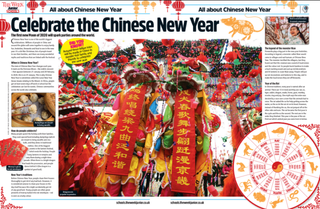 A magazine spread with a large image of Chinese New Year celebrations