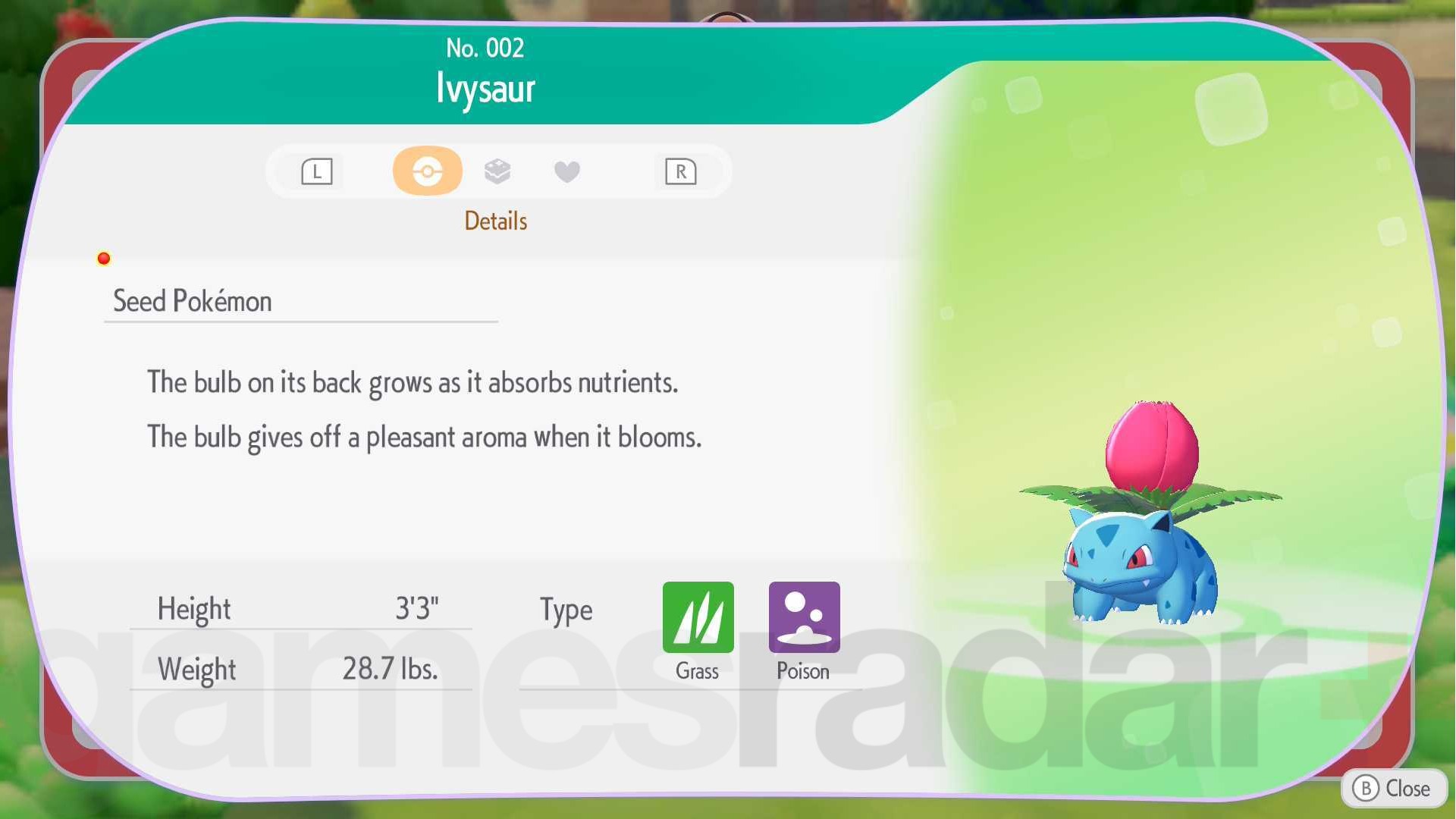 The Pokedex entry for Ivysaur, one of the Pokemon Pokopia evolutions.