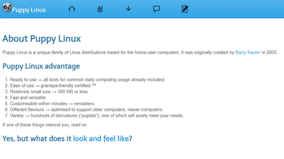 Website screenshot of Puppy Linux