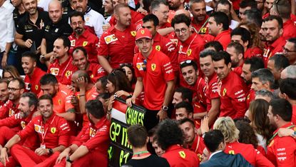 Charles Leclerc and the Ferrari team celebrate the driver’s victory at the F1 Italian Grand Prix 