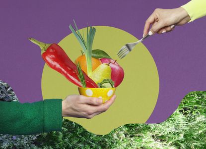 A collage of hands eating fruit and vegetables out of a bowl.