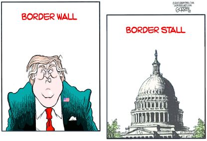 Political Cartoon U.S. Trump border wall White House border stall