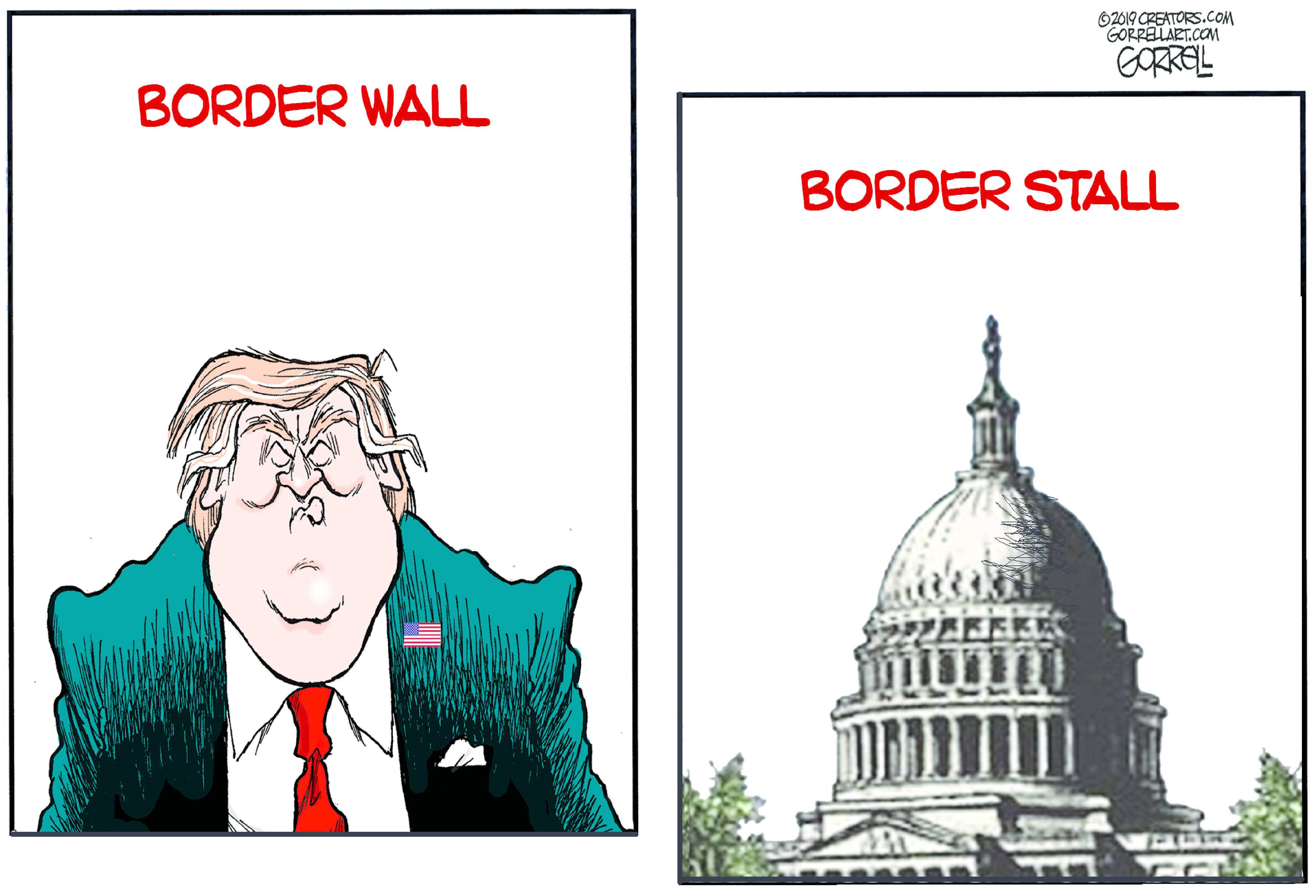 Political Cartoon U.S. Trump border wall White House border stall