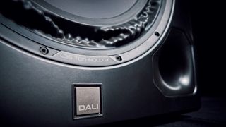 A close up of the Dali V-16 F subwoofer showing the Dali logo and the lower section of the driver with its unusual surround.