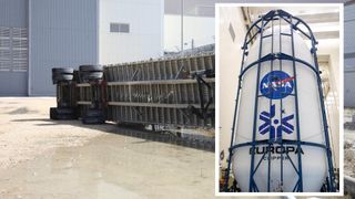 An overturned flatbed truck trailer on its side at NASA's Kennedy Space Center after Hurricane Milton.